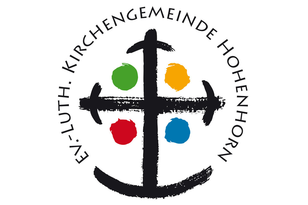 Logo Ev.-Luth. Kirchengemeinde Hohenhorn: Ein schwarzes Kreuz mit einem grünen, orangen, roten und blauen Kreis - umkreist mit dem Text: Ev.-Luth. Kirchengemeinde Hohenhorn